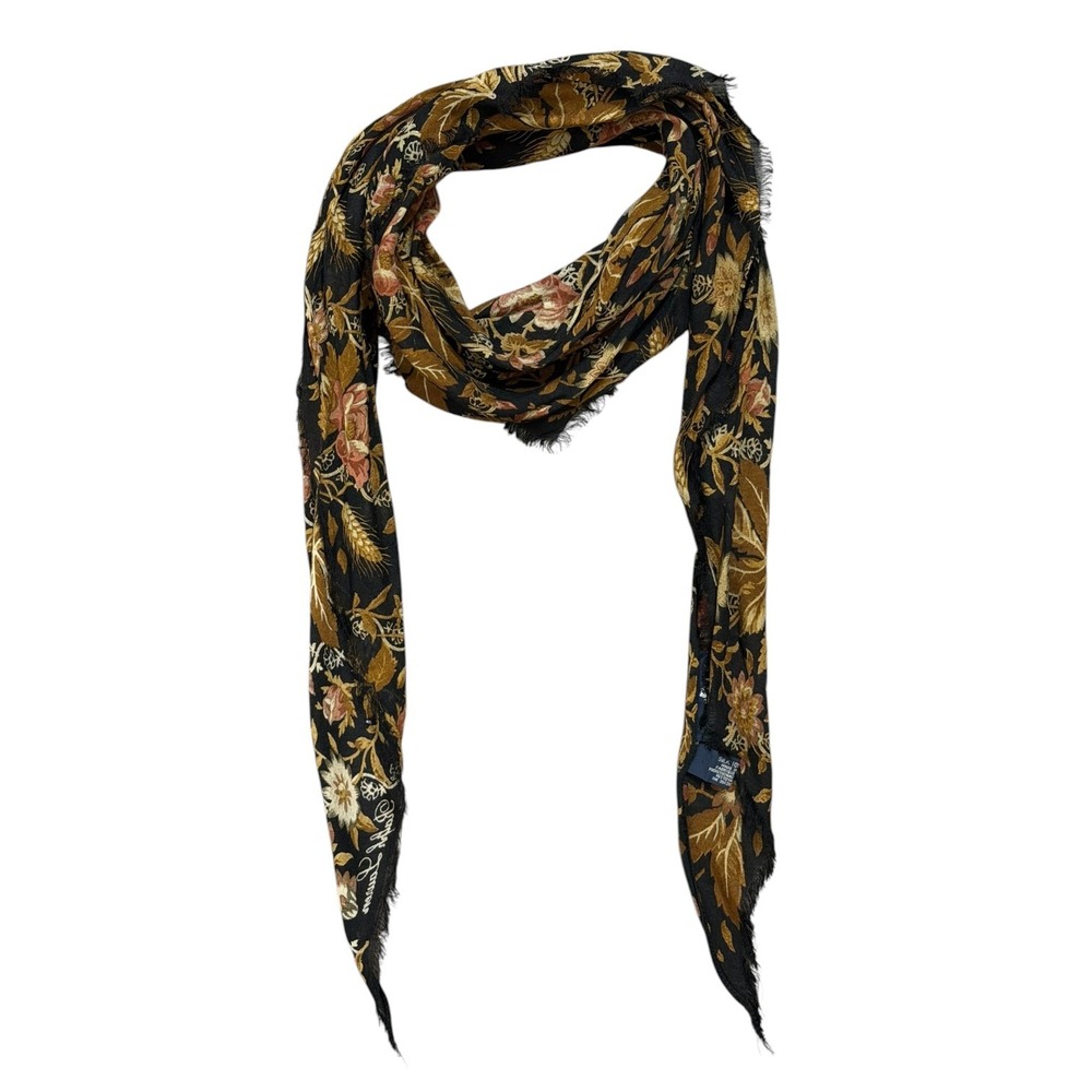 Ralph Lauren 90s Vintage Black Floral Wheat 100% Silk Fringe Scarf Made in Japan